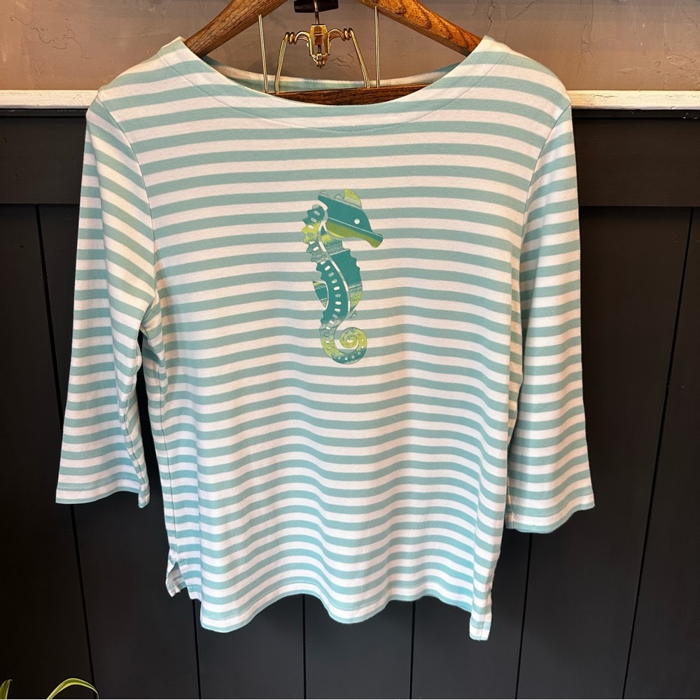APPLESEED'S Womens Blue Stripe Seahorseโ Graphic Top Nautical Coast Cotton sz L